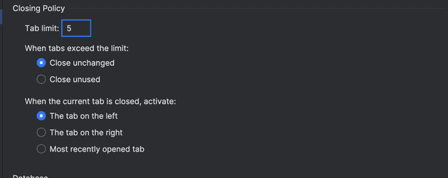 PyCharm settings for maximum amount of tabs
